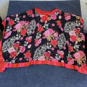 Vintage Venezia Vitale Kimono Blouse Womens 3X Black Pink Floral Poncho Top Boho